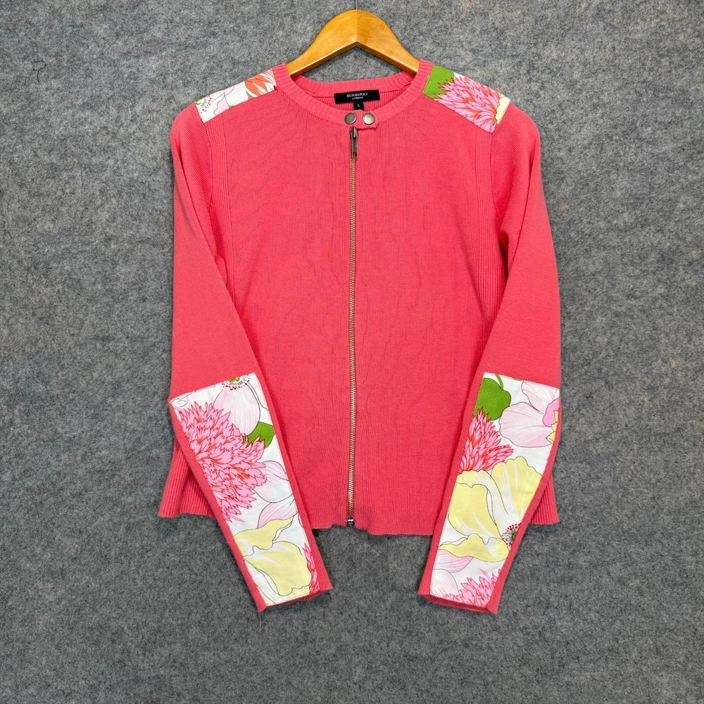 Burberry Floral Knit Cardigan Sweater Jacket Womens Large Pink Zip Snap Knit